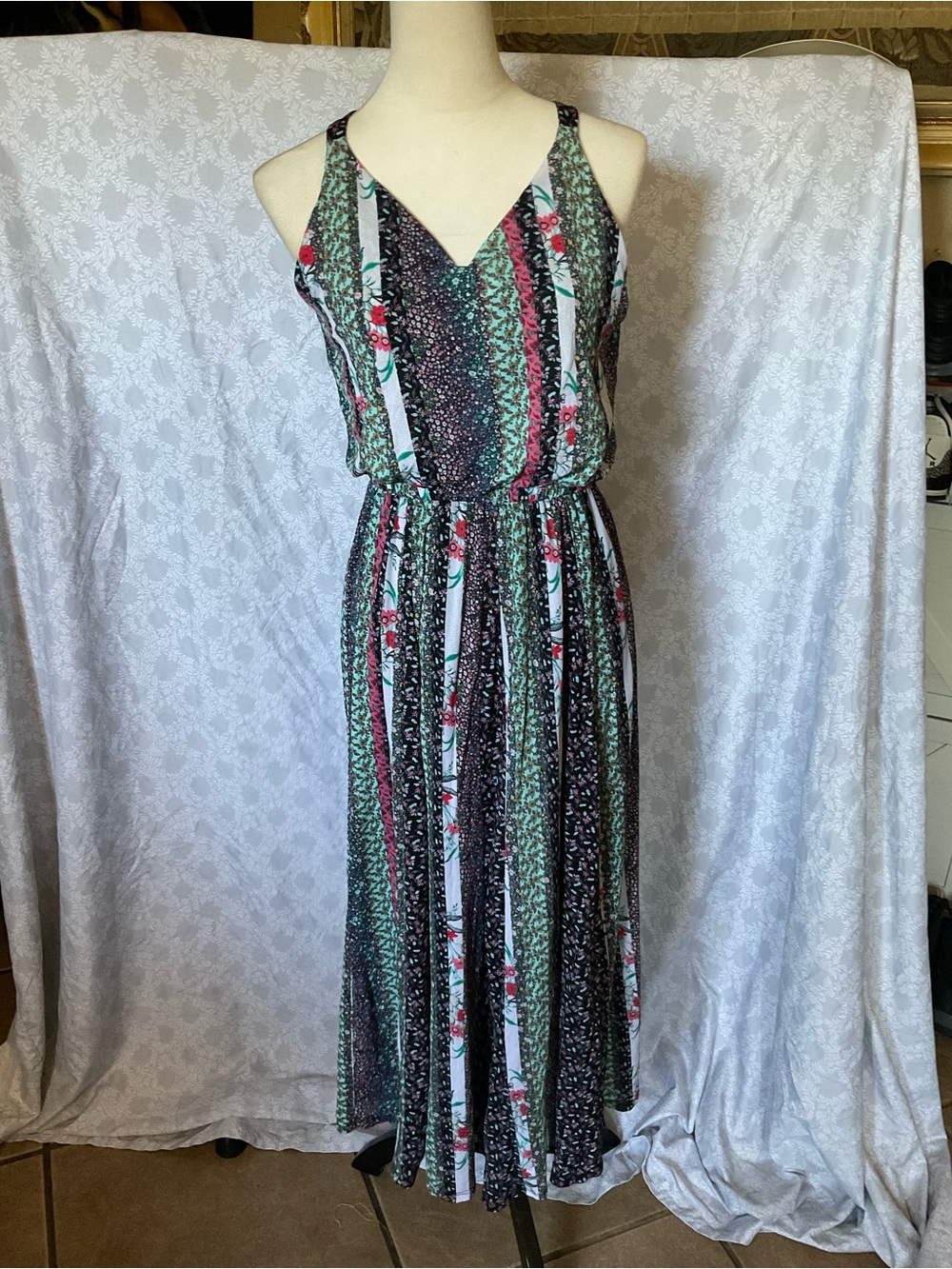 Style & Co. Striped Floral V-Neck Maxi Dress - Black, Green & Pink